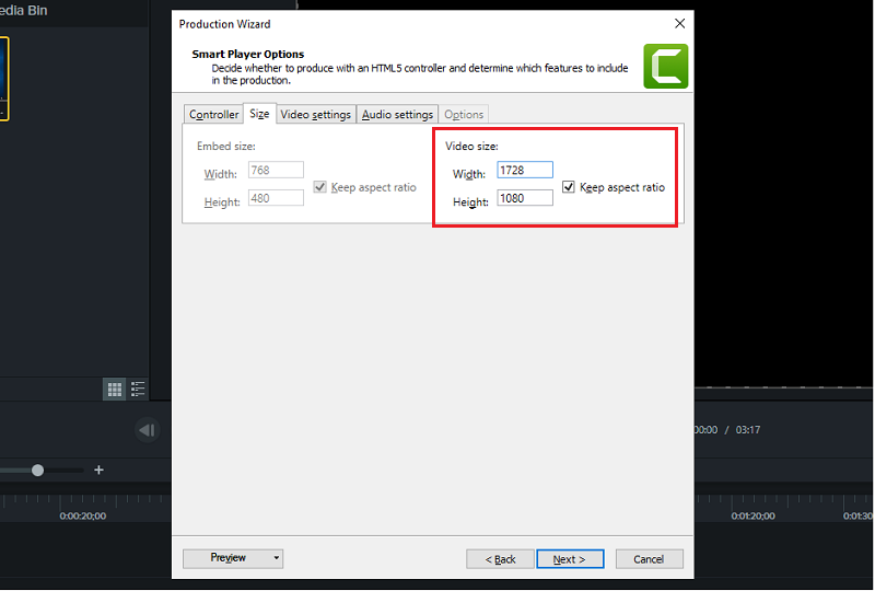 Thiết lập độ phân giải trong mục Video Size