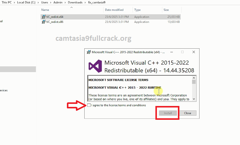 Tiến hành cài đặt lần lượt cho 2 file vc_redist.x64.exe và vc_redist.x86.exe