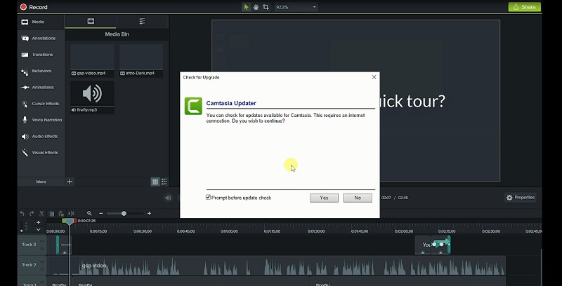 Mở Camtasia 9 kiểm tra, xuất hiện như ảnh là thành công.