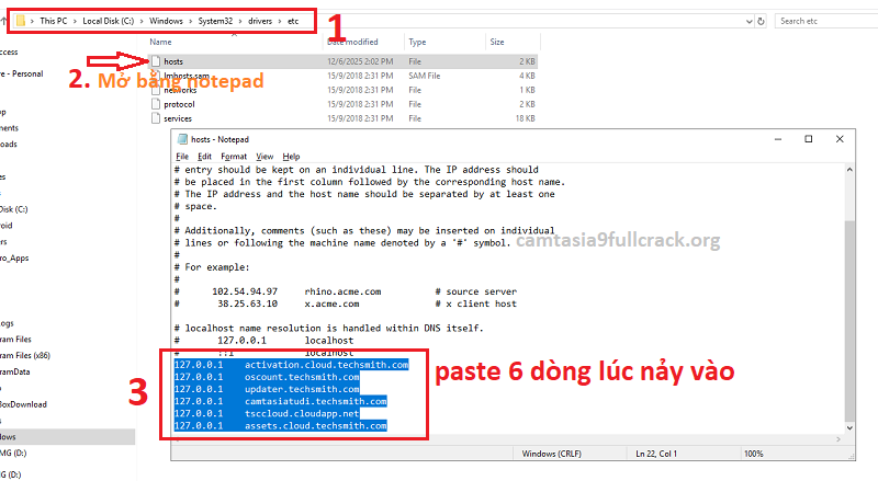Dán 6 dòng đã copy > C:\Windows\System32\drivers\etc\hosts