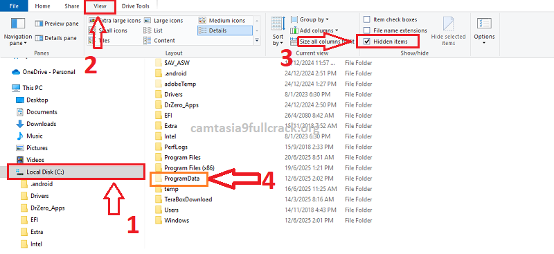 Mở ổ C: > tab View > Hidden items, để hiện "ProgramData"